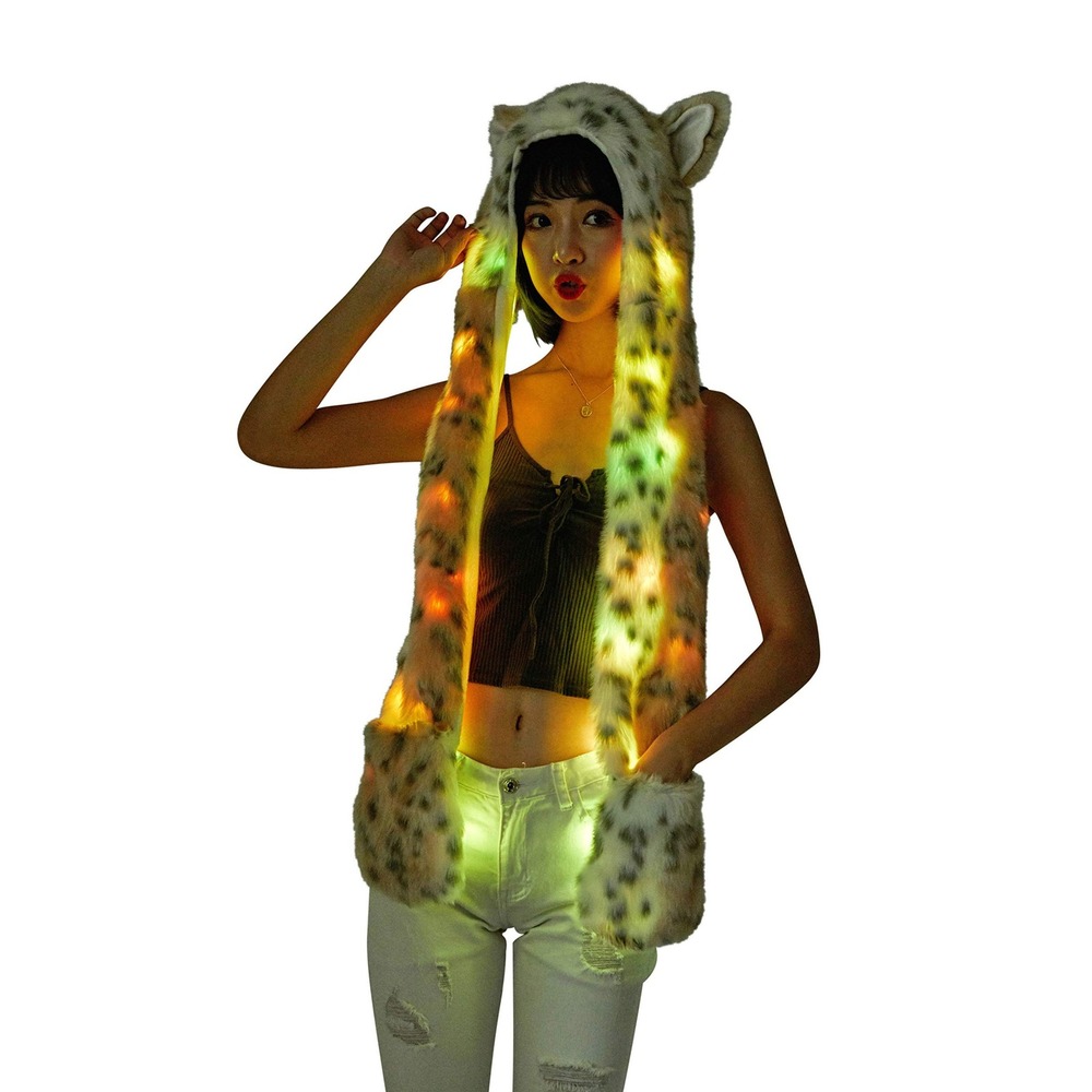 LED Light Up Snow Leopard Hat Scarf Gloves Faux Fur Spirit Hood w/ Paws Cosplay - Picture 3 of 9